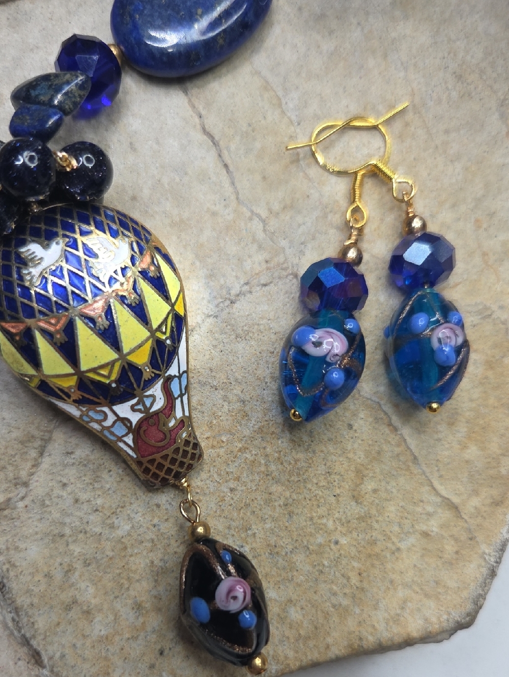 Vintage cloisonne Pendant lapis Lazuli Necklace Wedding Cake 925 Earrings - Picture 10 of 13
